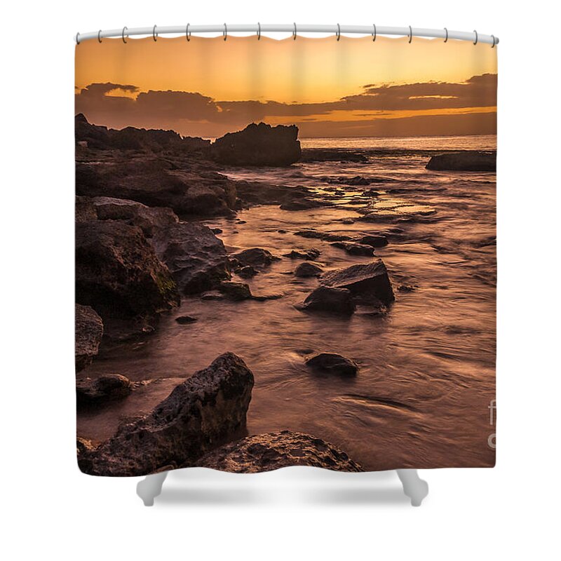 Lanai Shower Curtain featuring the photograph Lanai rocky beach sunset by Paul Quinn
