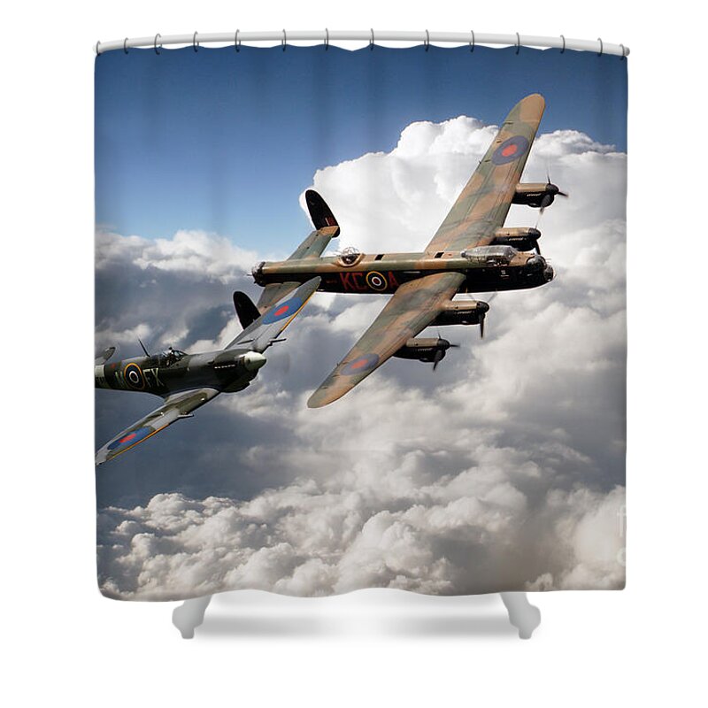 Supermarine Spitfire Shower Curtain featuring the digital art Lancaster and Spitfire by Airpower Art