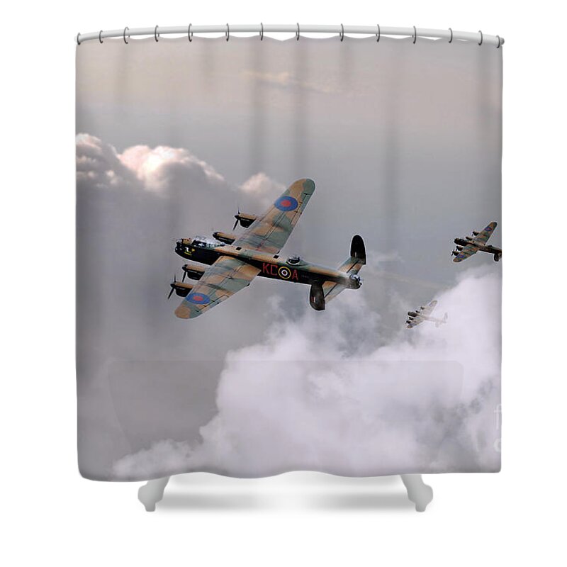 Lancaster Shower Curtain featuring the digital art Lancasters Forming Up by Airpower Art