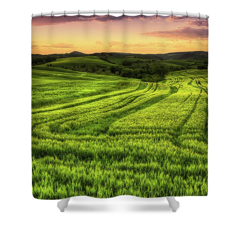 Scenics Shower Curtain featuring the photograph Landscape With Green Crop Fields At by Zodebala