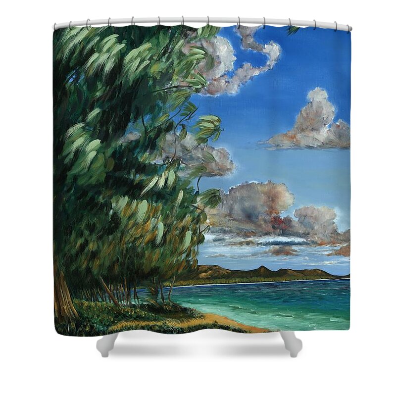 Lanikai Beach Shower Curtain featuring the painting Lanikai beach by Larry Geyrozaga