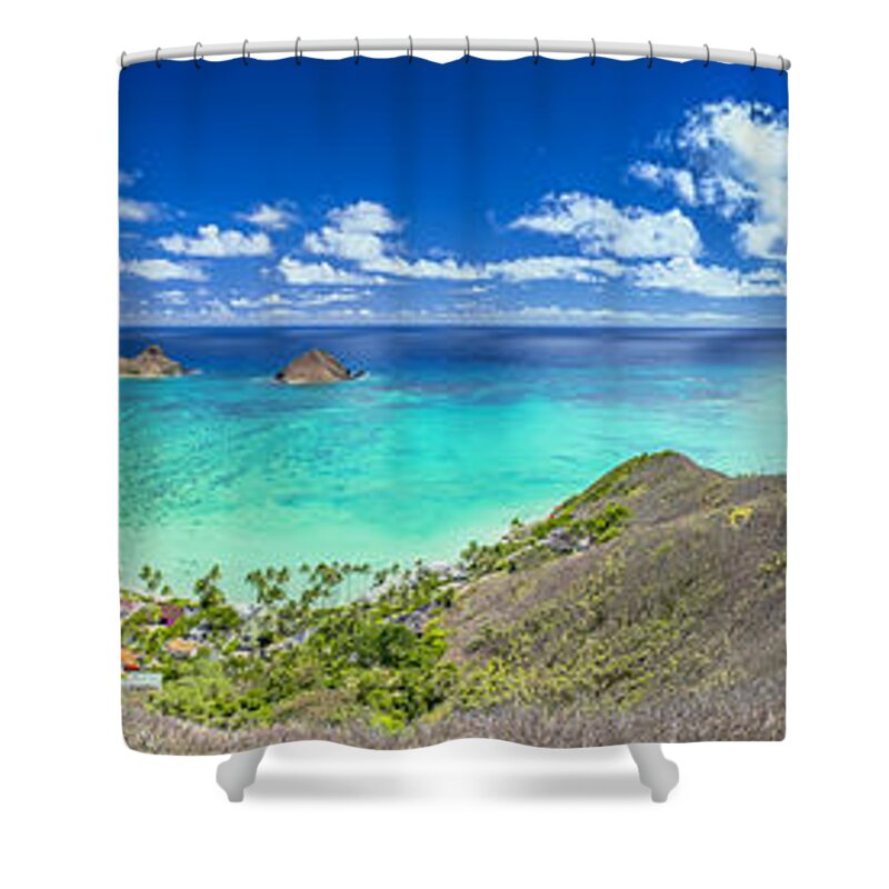 Lanikai Beach Shower Curtain featuring the photograph Lanikai Bellows and Waimanalo Beaches Panorama by Aloha Art