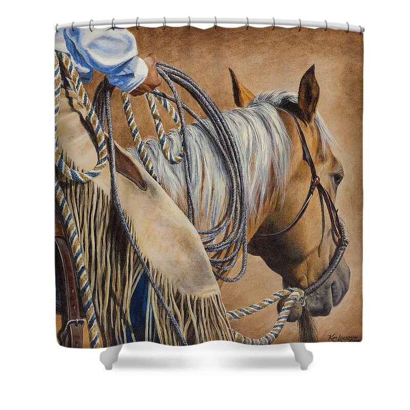 Cowboy Shower Curtain featuring the painting Lariat and Leather by Kim Lockman