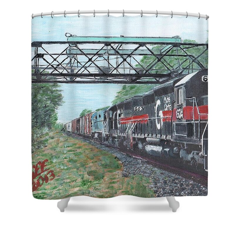 Trains Shower Curtain featuring the painting Last Train Under the Bridge by Cliff Wilson