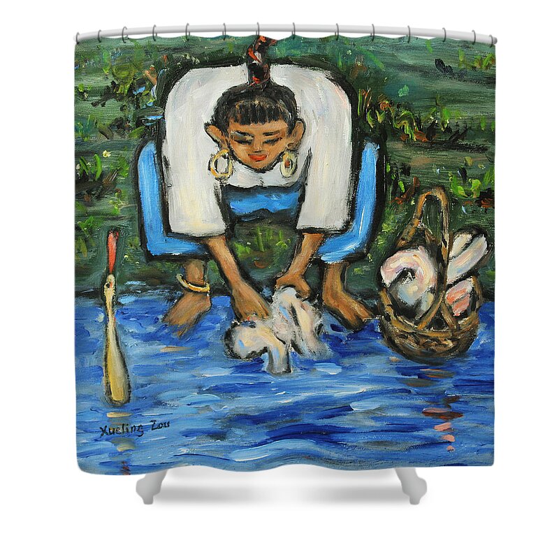 Figurative Shower Curtain featuring the painting Laundry Girl by Xueling Zou