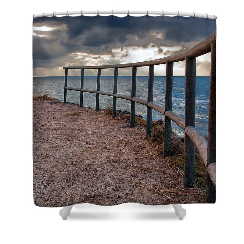 Landscape Shower Curtain featuring the photograph Rail by the seaside by Mike Santis