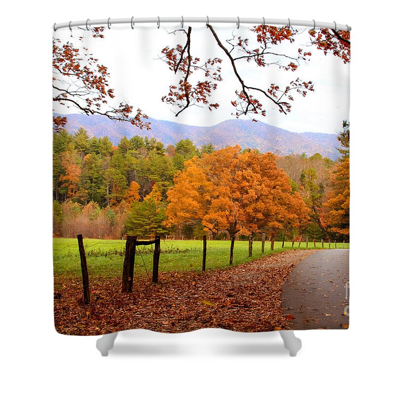 Reds Shower Curtain featuring the photograph Leaves A'fallin by Geraldine DeBoer