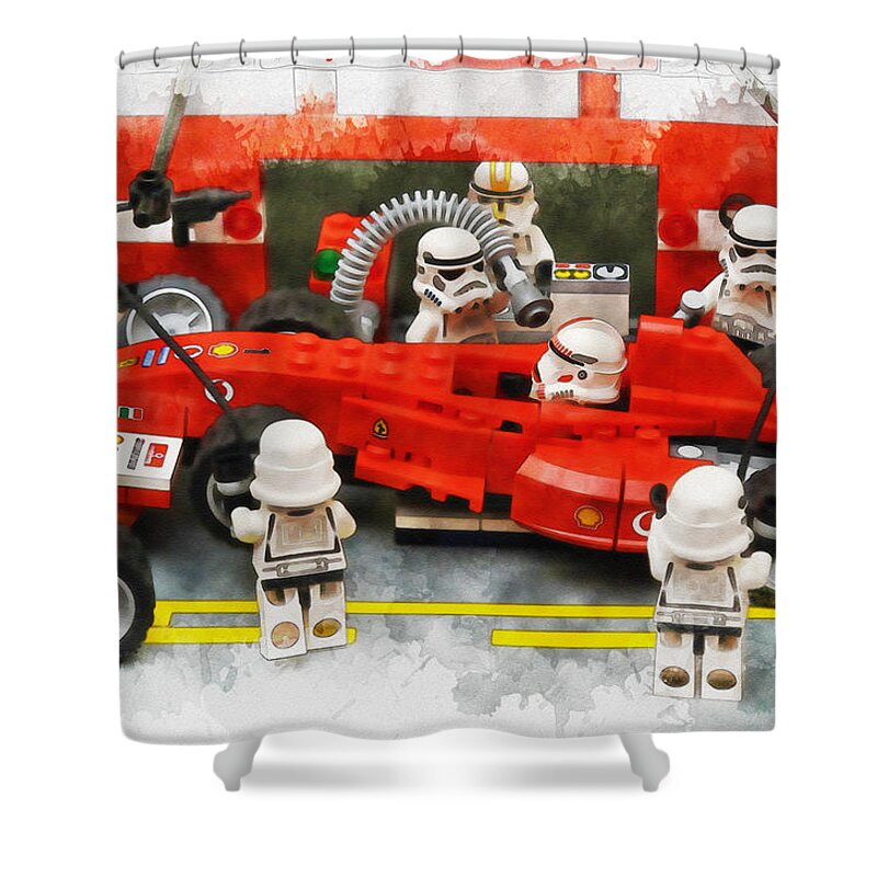 Formula One Racing Shower Curtain featuring the digital art Lego pit stop by Don Kuing