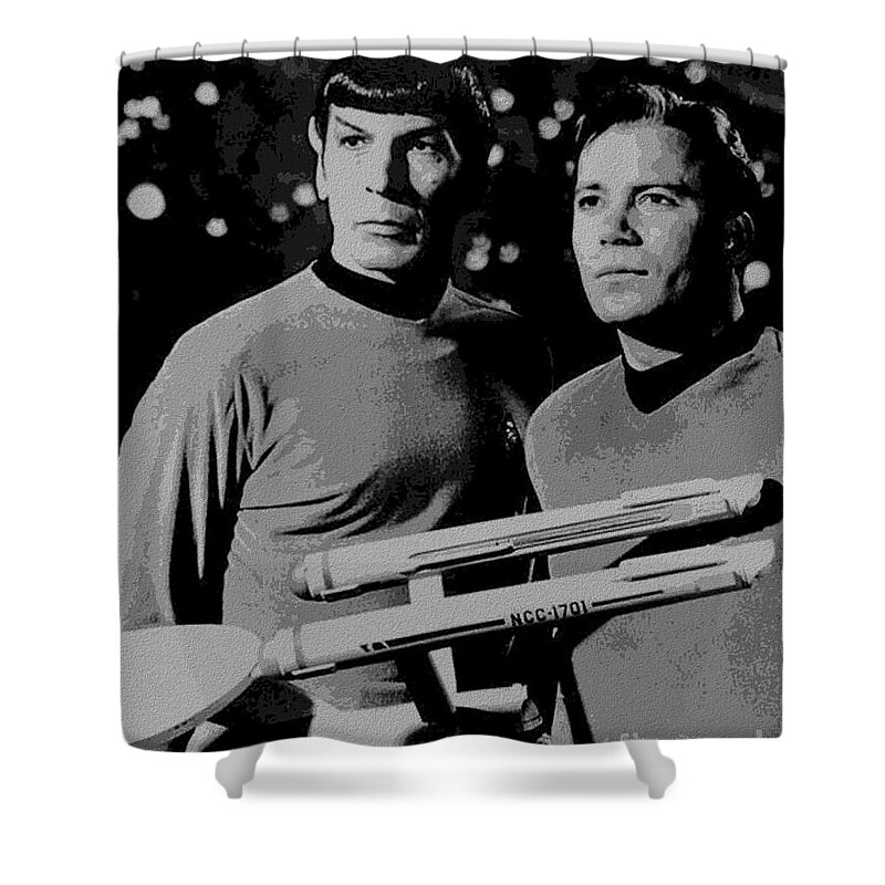 Leonard Shower Curtain featuring the photograph Leonard Nimoy William Shatner Star Trek 1968 by Vintage Collectables