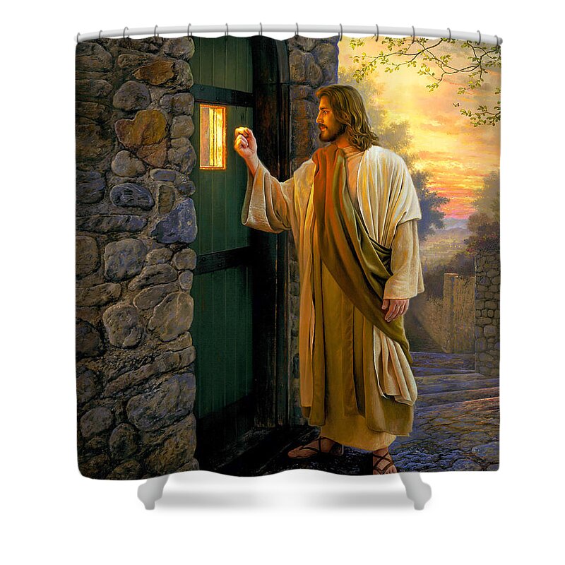 Jesus Shower Curtain featuring the painting Let Him In by Greg Olsen
