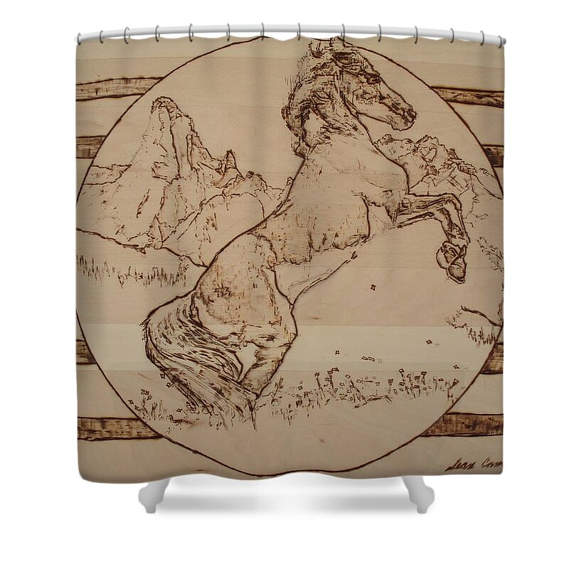 Pyrography Shower Curtain featuring the pyrography Horse Rearing by Sean Connolly
