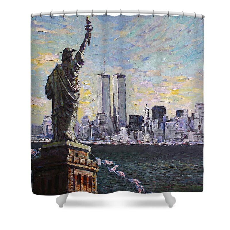 New York City Shower Curtain featuring the painting Liberty by Ylli Haruni
