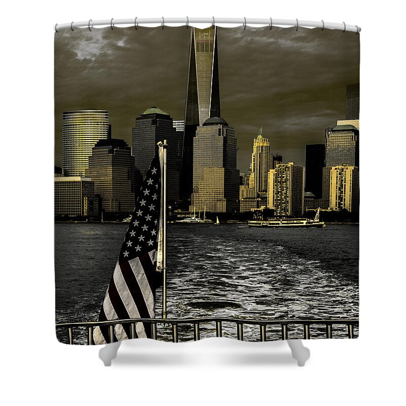One World Trade Center Shower Curtain featuring the photograph Liberty's Last Light by Chris Lord