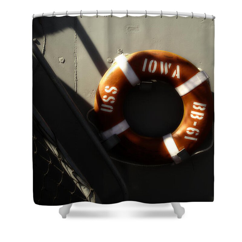 Uss Iowa Shower Curtain featuring the photograph Life Ring USS Iowa Battleship Sepia by Thomas Woolworth