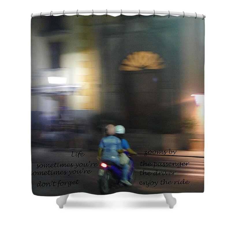 Photography Shower Curtain featuring the photograph Life zooms by by Nora Boghossian