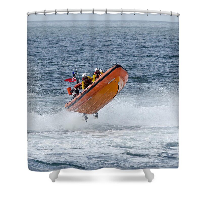 Lifeboat Shower Curtain featuring the photograph Lifeboat jump by Steev Stamford