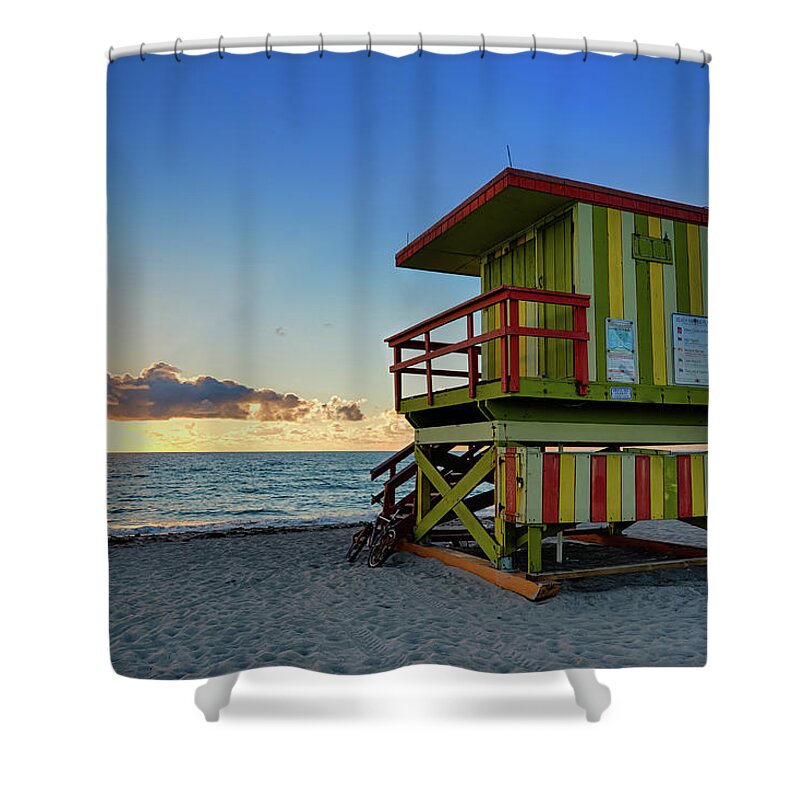 Outdoors Shower Curtain featuring the photograph Lifeguard Tower, Miami Beach by Tim Azar