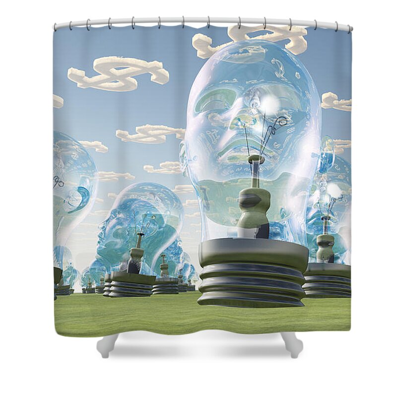 Idea Shower Curtain featuring the digital art Light Bulb heads and dollar symbol clouds by Bruce Rolff