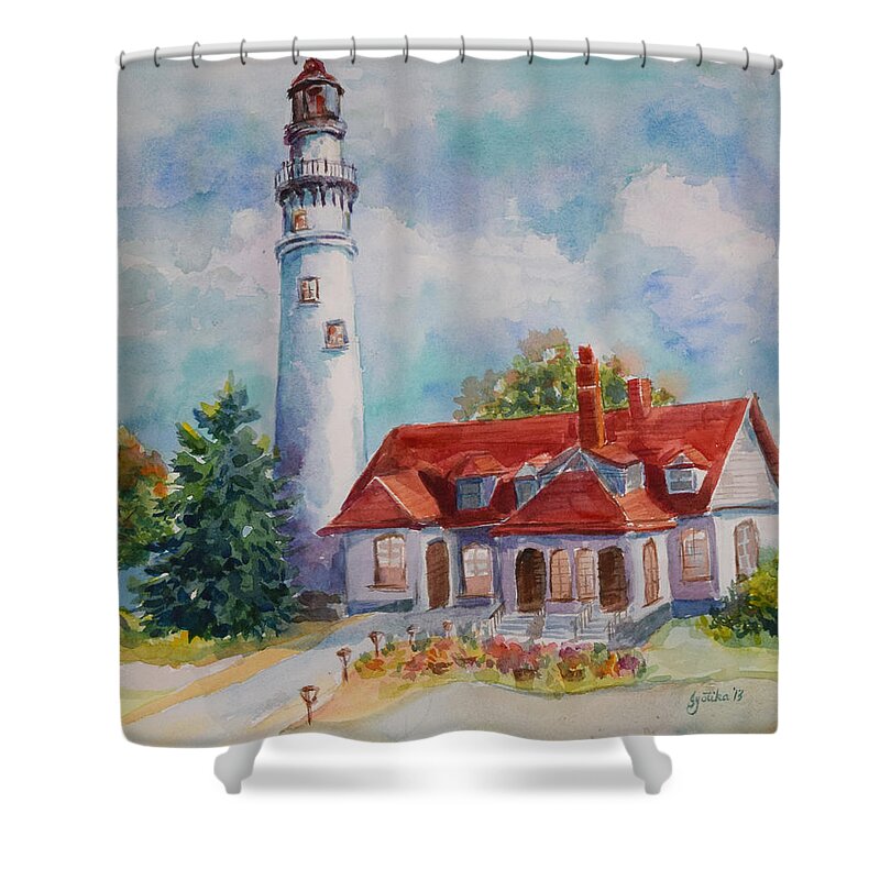  Shower Curtain featuring the painting Light House, Wisconsin by Jyotika Shroff