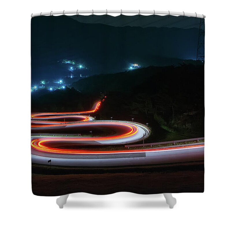 Zigzag Shower Curtain featuring the photograph Light Trails Of Cars On The Zigzag Way by Tokism