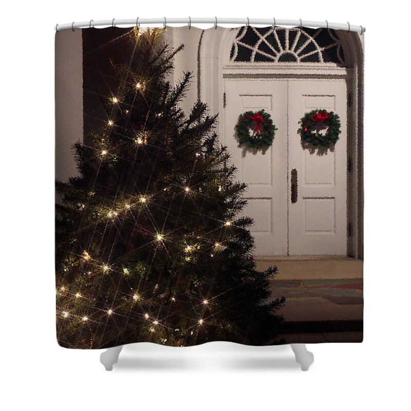 Christian Shower Curtain featuring the photograph Lighted Christmas Tree with Church Doors at Night by Karen Lee Ensley