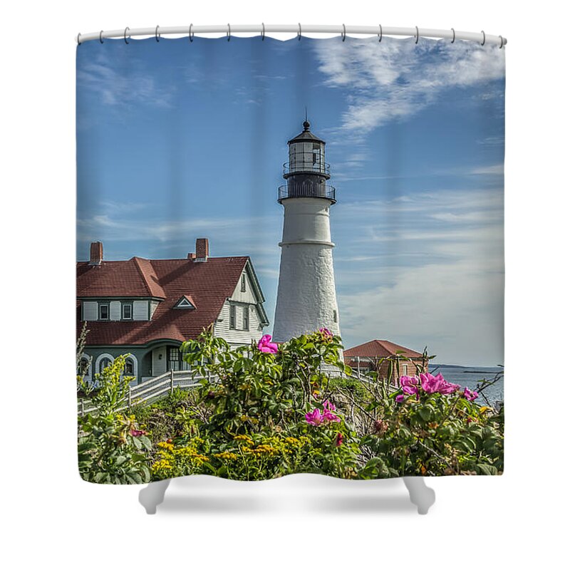 Maine Shower Curtain featuring the photograph Lighthouse and wild roses by Jane Luxton