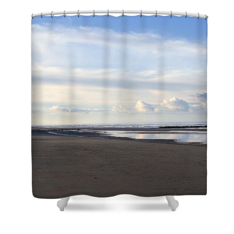  Silver Man Shower Curtain featuring the photograph Lighthouse at Talacre by Spikey Mouse Photography