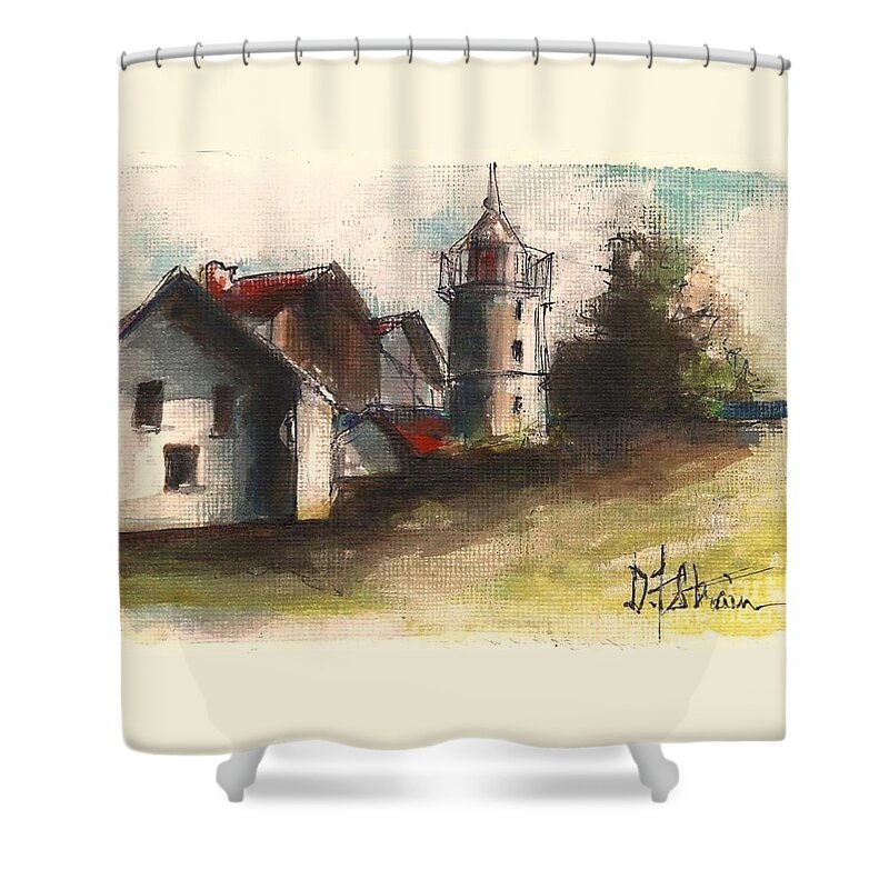 Seascape Shower Curtain featuring the painting Lighthouse by Day by Diane Strain