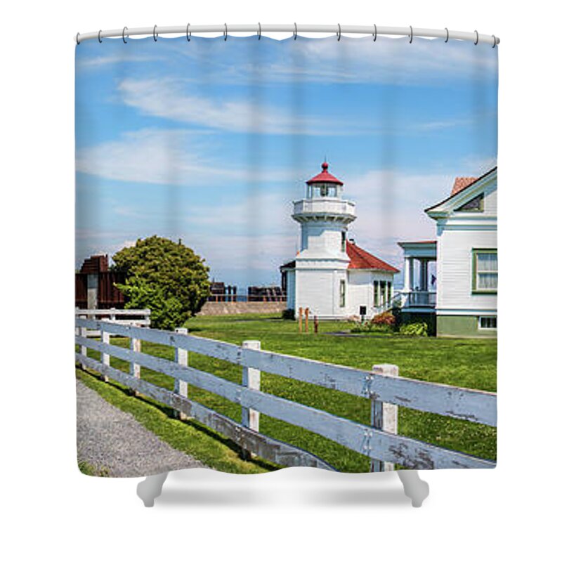 Photography Shower Curtain featuring the photograph Lighthouse With Ferry by Panoramic Images