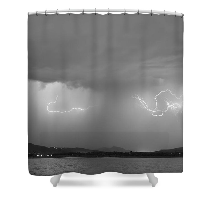Lightning Shower Curtain featuring the photograph Lightning and Rain Over Rocky Mountain Foothills BW by James BO Insogna