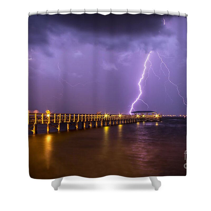Tampa Bay Shower Curtain featuring the photograph Lightning at the Pier by Marvin Spates