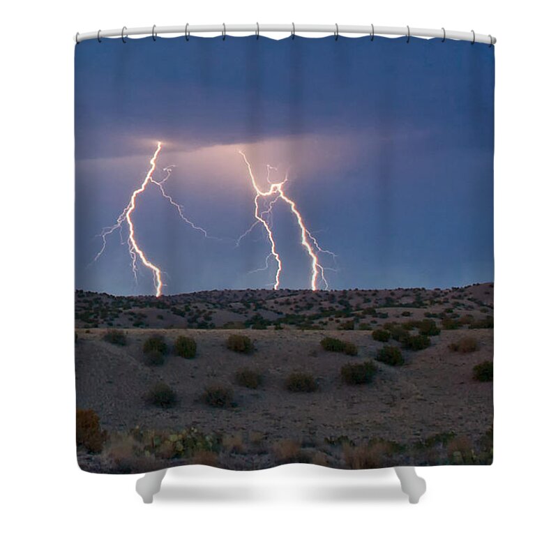 Lightning Shower Curtain featuring the photograph Lightning Dance over the New Mexico Desert by Mary Lee Dereske