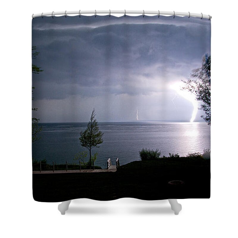 Landscapes Shower Curtain featuring the photograph Lightning on Lake Michigan at Night by Mary Lee Dereske