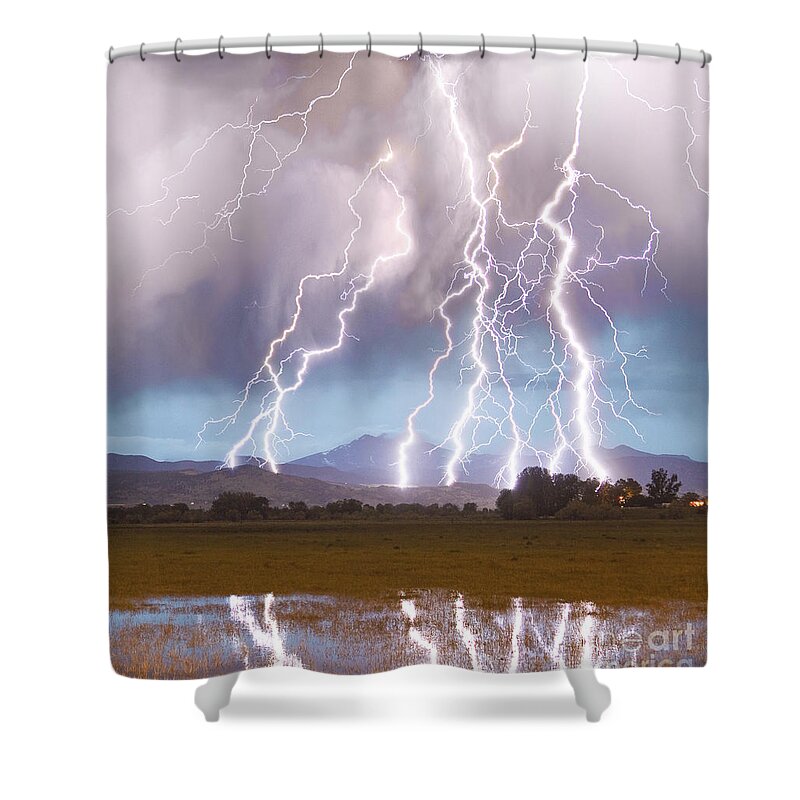 Lightning Shower Curtain featuring the photograph Lightning Striking Longs Peak Foothills 4C by James BO Insogna