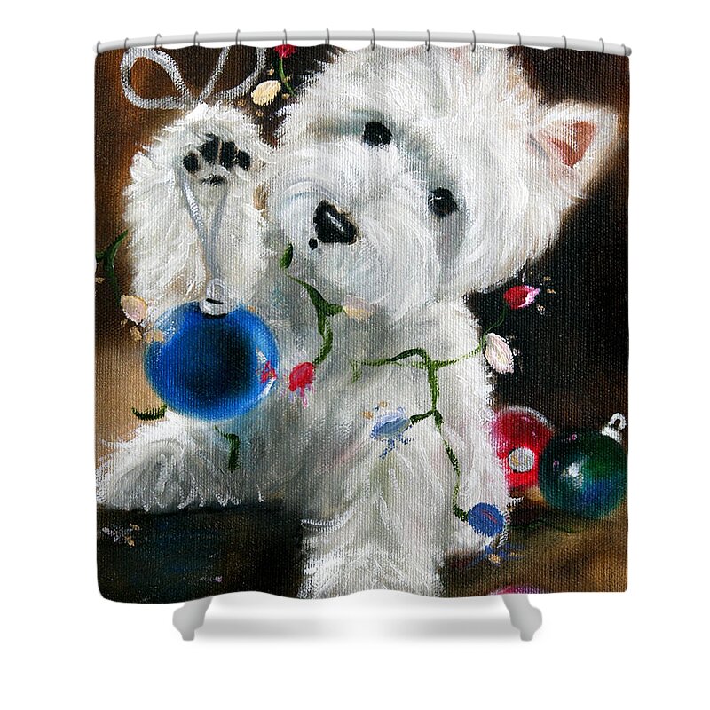 Westie Shower Curtain featuring the painting Lights and Balls by Mary Sparrow