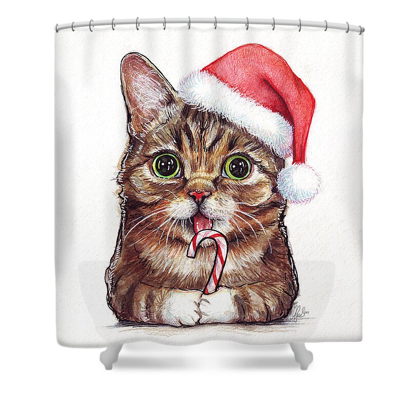 Lil Bub Shower Curtain featuring the painting Cat Santa Christmas Animal by Olga Shvartsur