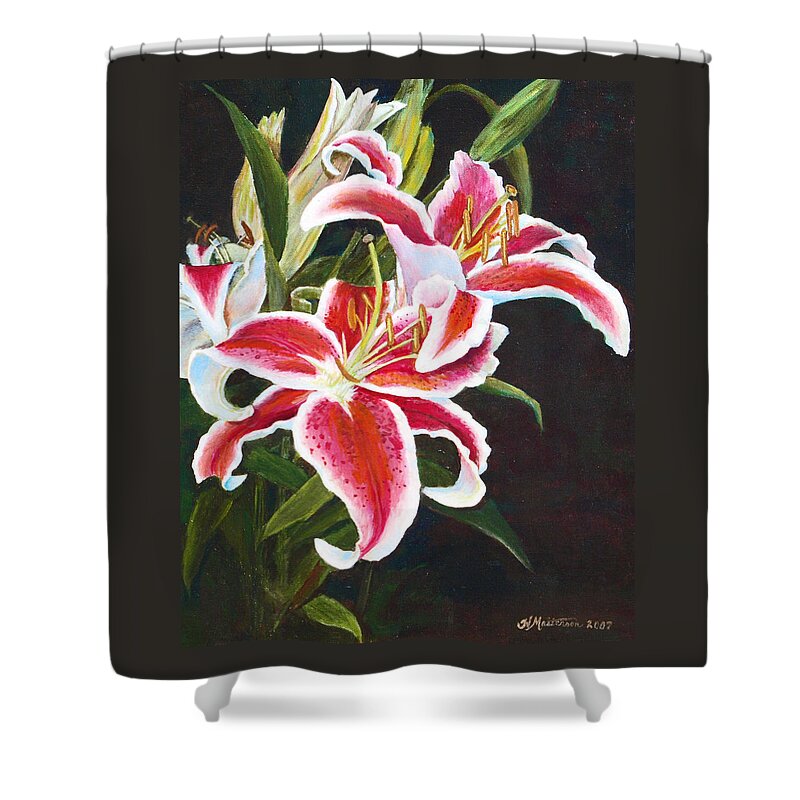 Lily Shower Curtain featuring the painting Lilli's Stargazers by Harriett Masterson