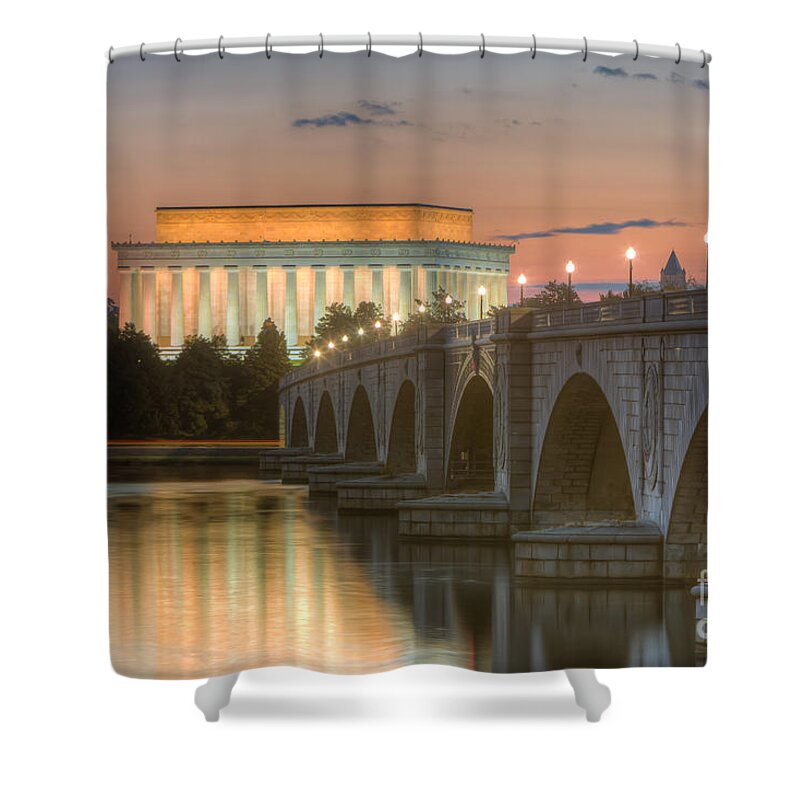 Clarence Holmes Shower Curtain featuring the photograph Lincoln Memorial and Arlington Memorial Bridge at Dawn I by Clarence Holmes
