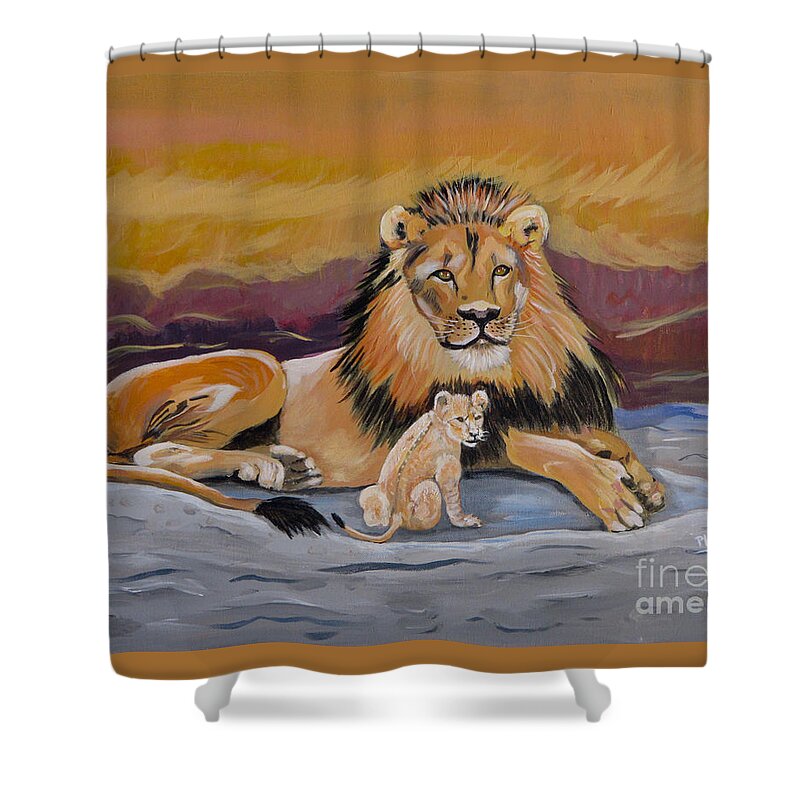 Lion And Cub On Rock Shower Curtain featuring the painting Lion and Cub by Phyllis Kaltenbach