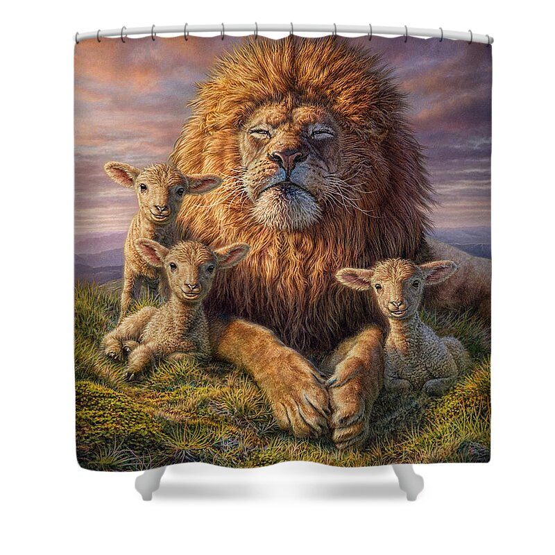 Lion Shower Curtain featuring the mixed media Lion and Lambs by Phil Jaeger