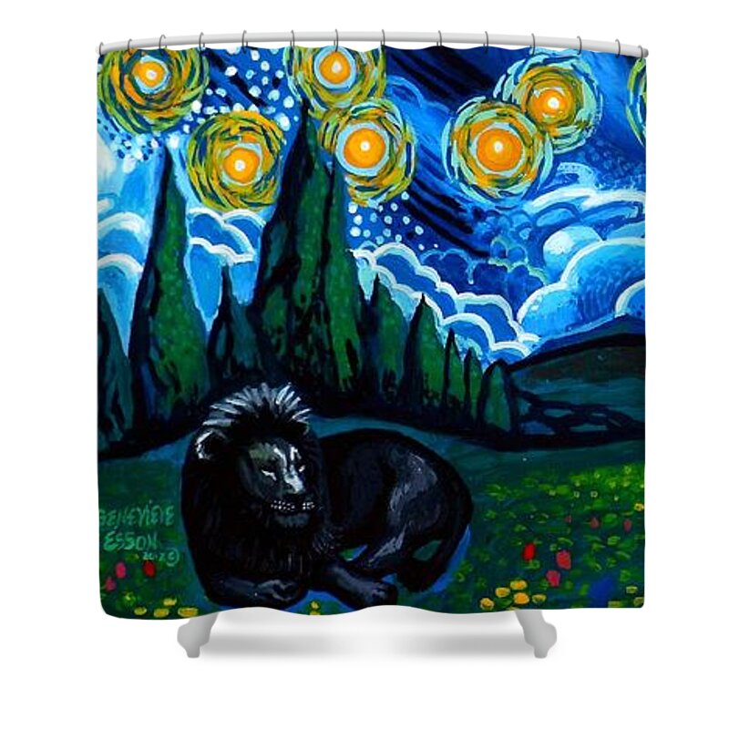 Lion Shower Curtain featuring the painting Lion And Owl On A Starry Night by Genevieve Esson