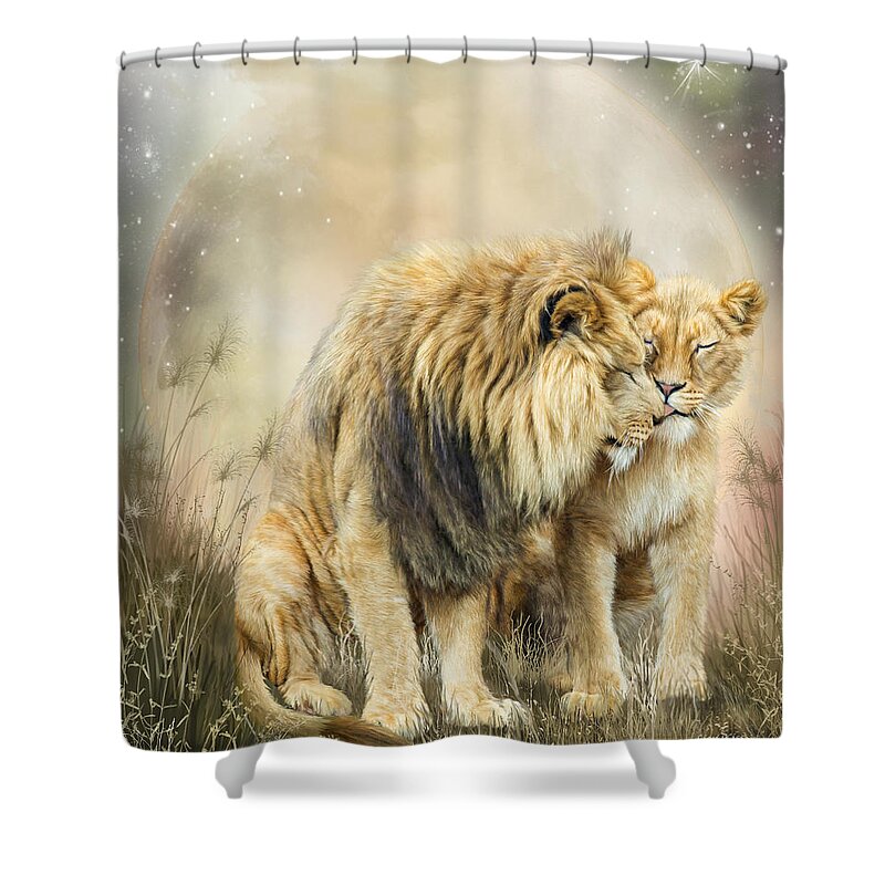 Lion Shower Curtain featuring the mixed media Lion Kiss by Carol Cavalaris