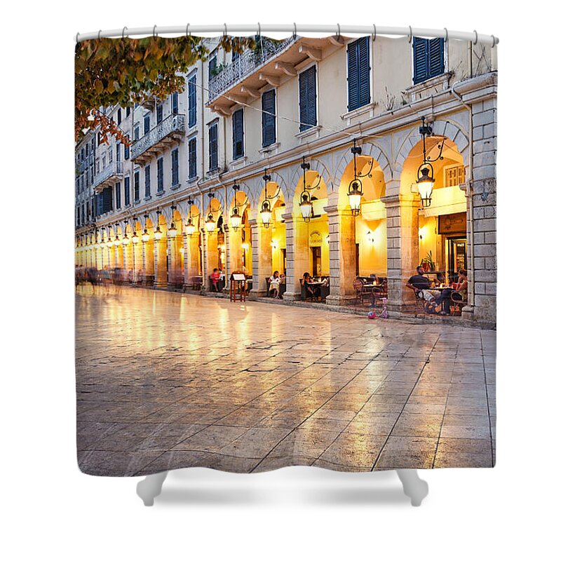 Liston Shower Curtain featuring the photograph Liston square of Corfu - Greece by Constantinos Iliopoulos