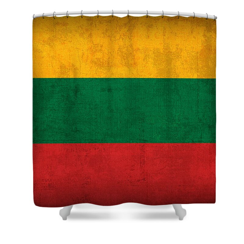 Lithuania Shower Curtain featuring the mixed media Lithuania Flag Vintage Distressed Finish by Design Turnpike