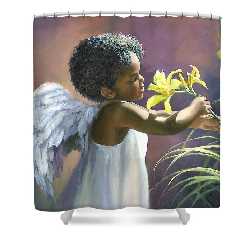 Angel Shower Curtain featuring the painting Little Black Angel by Laurie Snow Hein