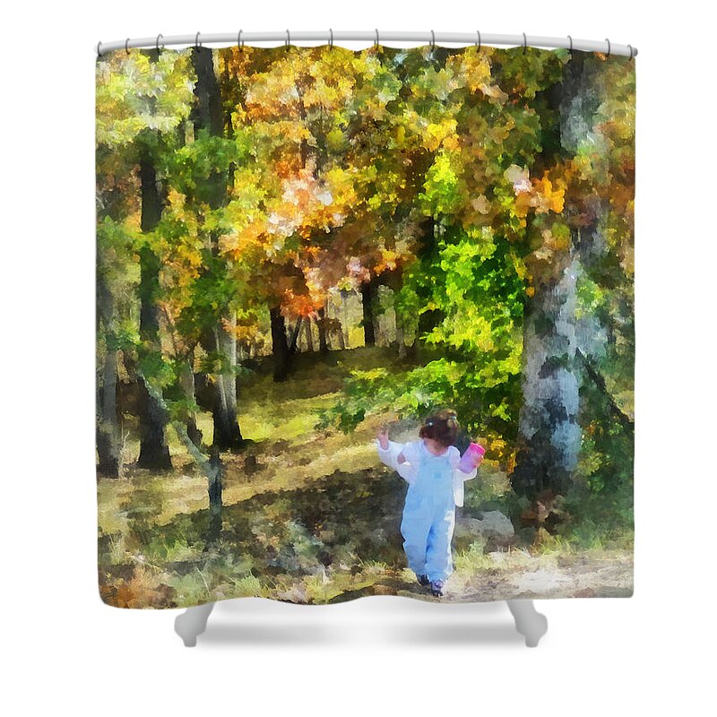 Girl Shower Curtain featuring the photograph Little Girl Walking in Autumn Woods by Susan Savad