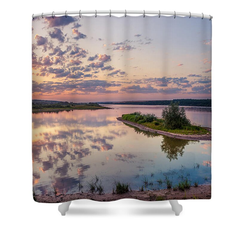 Quiet Shower Curtain featuring the photograph Little island on sunset by Dmytro Korol