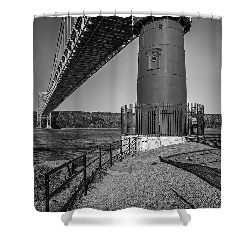Autumn Shower Curtain featuring the photograph Little Red Ligthouse Under Great Grey Bridge BW by Susan Candelario