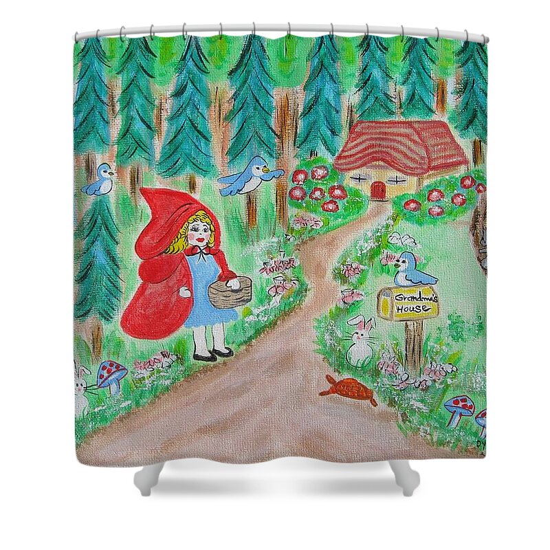 Little Red Riding Hood Shower Curtain featuring the painting Little Red Riding Hood with Grandma's House on Mailbox by Diane Pape