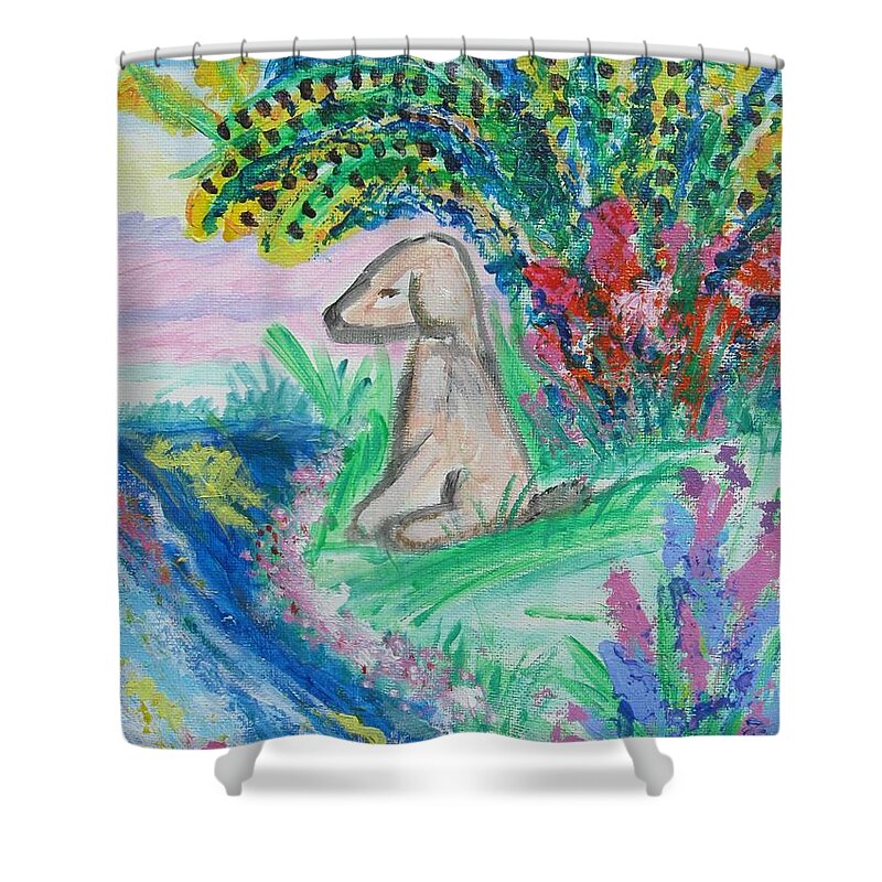Yellow Lab Shower Curtain featuring the painting Little Sweet Pea by Diane Pape